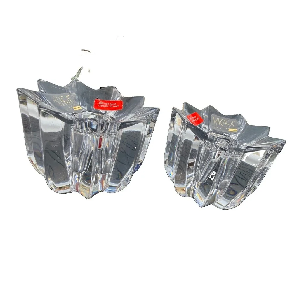 Mikasa Austria Crystal Lotus Taper Candle Holders Pair MCM Hollywood Regency New